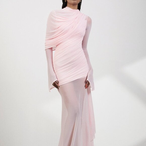 Deme By Gabriella Dresses & Skirts - Deme by Gabriella Isla Dress in Baby Pink draped long sleeve sheer gown maxi